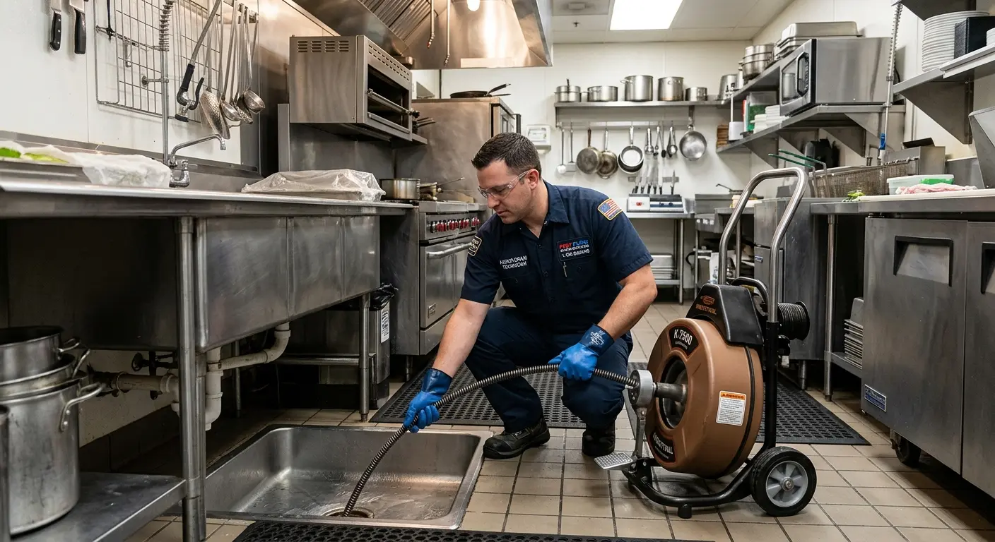 Commercial drain cleaning service in a restaurant kitchen in St. Petersburg