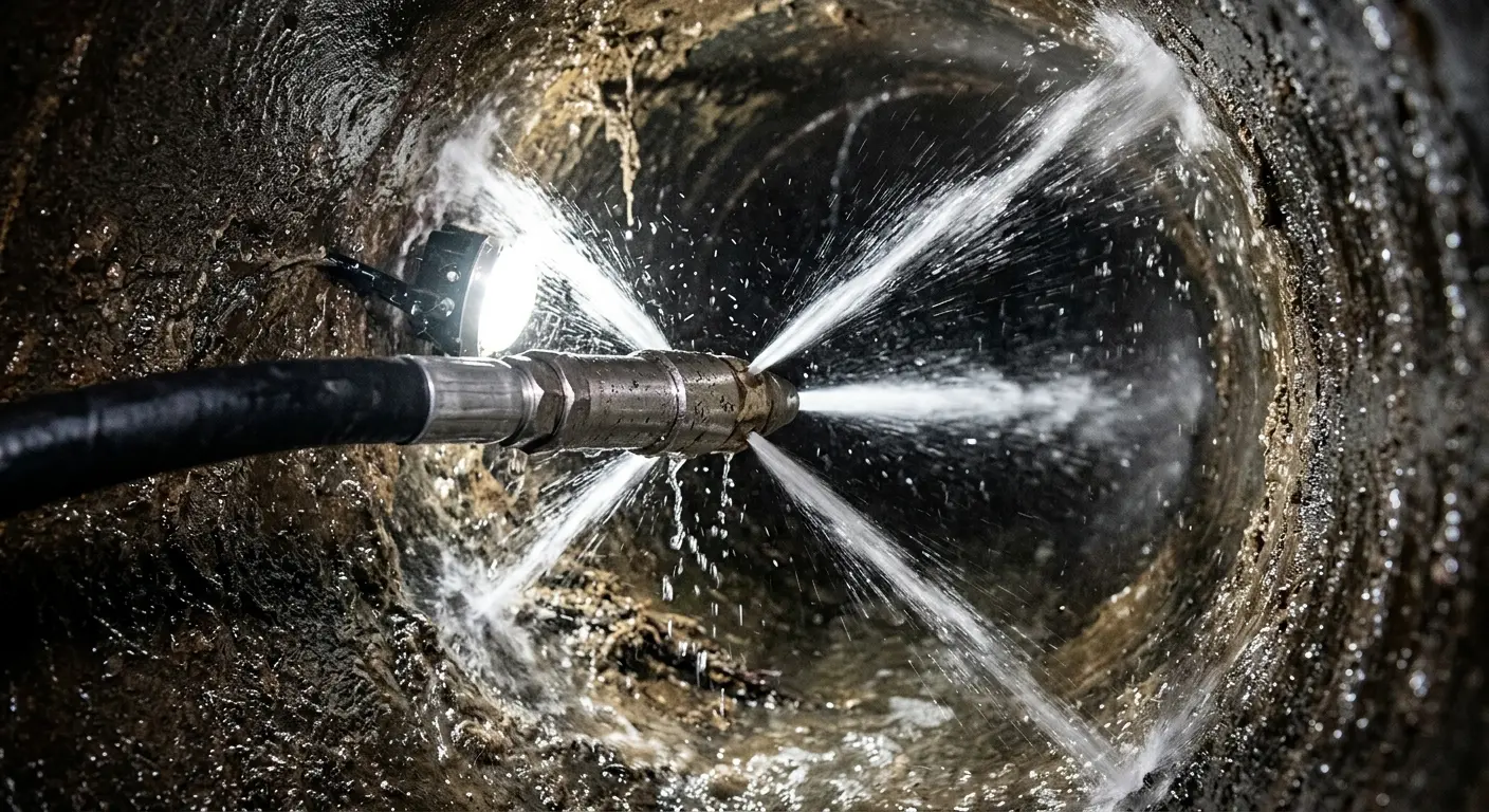 High-pressure hydro jetting nozzle cleaning sewer pipe for Trenchless Sewer Repair in St. Petersburg