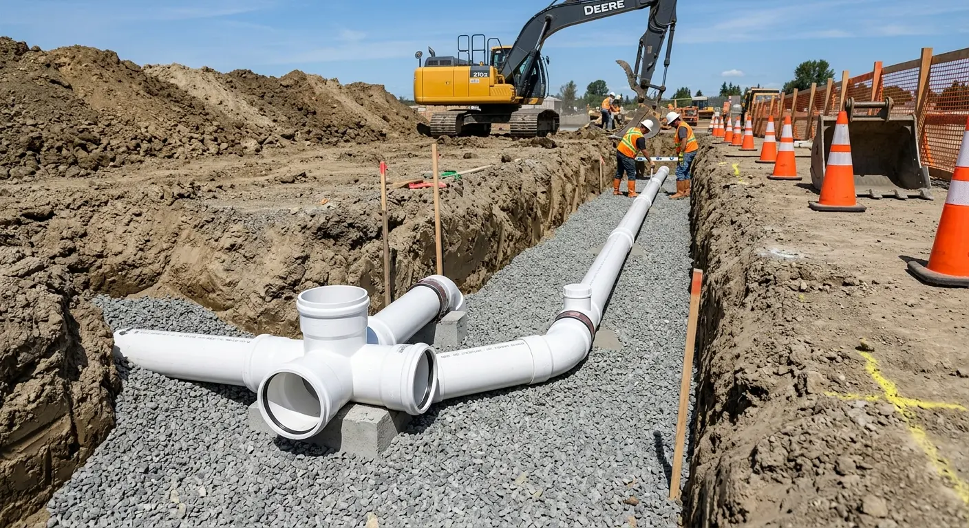 New PVC sewer pipe installation in open trench for Sewer Backup in St. Petersburg